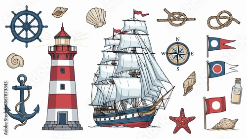 Nautical elements including a tall ship lighthouse anchor and compass.