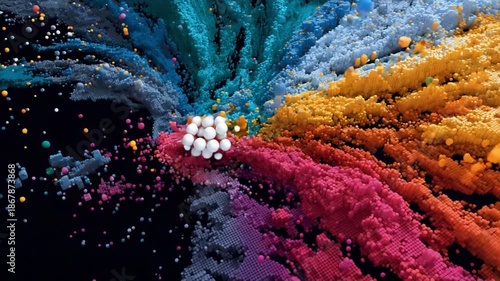 Explosive Colors: A dynamic burst of vibrant, multicolored powders creates a stunning visual spectacle, with colors radiating outwards. The scene is both energetic and visually stimulating.