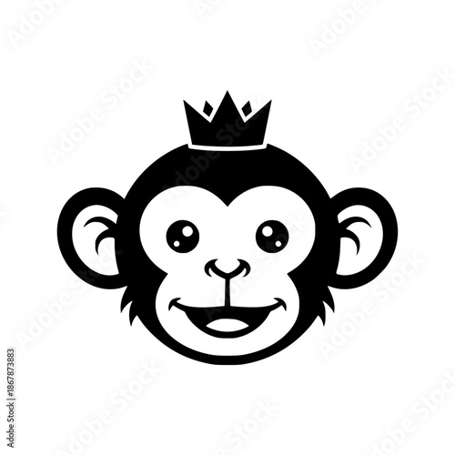 Cute monkey head wearing a crown, friendly ape character logo concept.