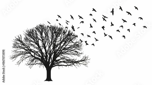 Silhouette of a bare tree with a flock of birds flying away.