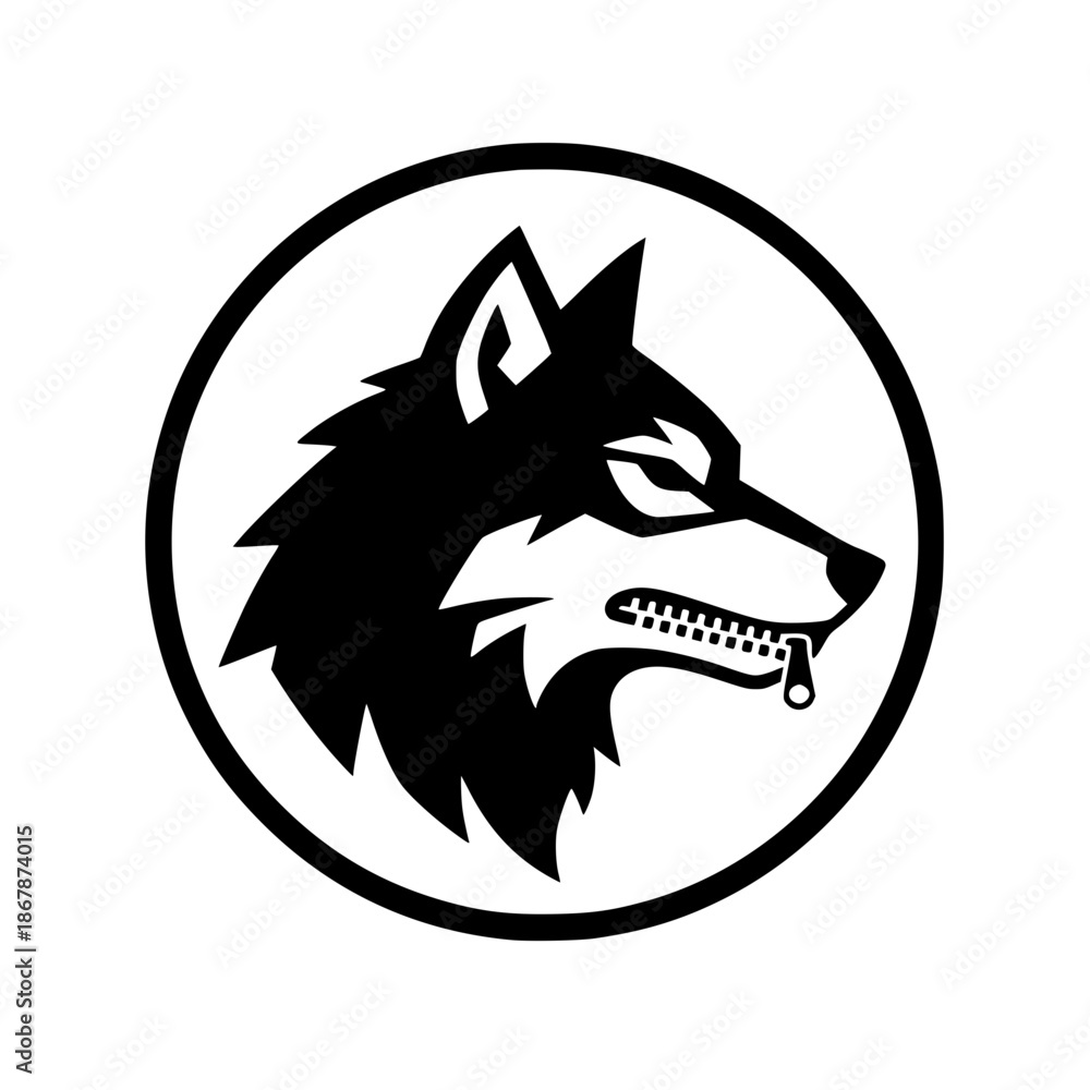 Obraz premium Wolf Head Logo with Zipper Mouth in Circle Frame.