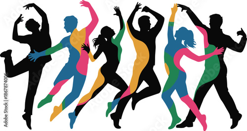 Vibrant dancers in dynamic poses with colorful body paint on gray background.