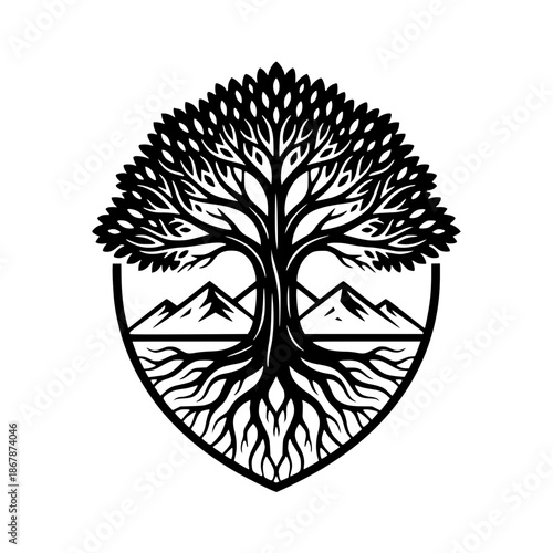 Tree of Life Logo with Mountain Landscape and Roots.