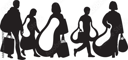 Silhouettes of people walking with shopping bags