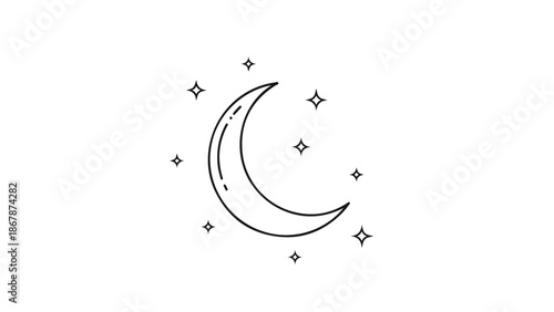Simple Outline Style Crescent Moon and Stars Icon Isolated Vector Illustration