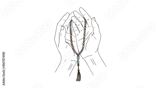 Minimalist Line Art Vector Illustration of Hands Holding Prayer Beads Isolated on White Background