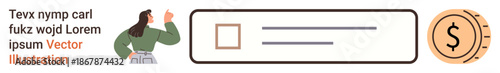 Digital transactions, online payments, search interfaces, e-commerce, budgeting, financial apps. A female figure near a search bar and coin icon. Digital transactions and online payments concept