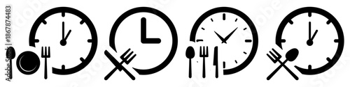 Set of eat or food time icon vector for meal schedules. Ideal for breakfast, lunch, dinner clocks, restaurant hours, and diet routines.