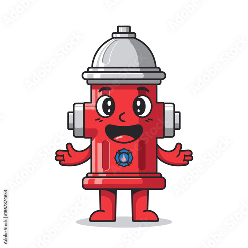 Cute Red Fire Hydrant Cartoon Character with Arms Open on White Background