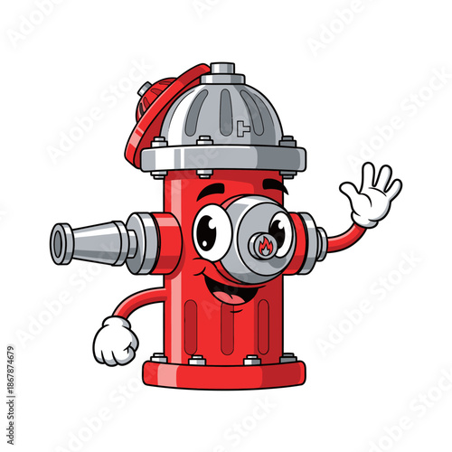Friendly cartoon fire hydrant waving hello, isolated on white background