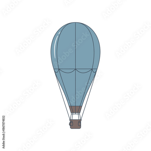 Vintage Hot Air Balloon Flying, Blue Gasbag, Brown Basket, Isolated on White Background