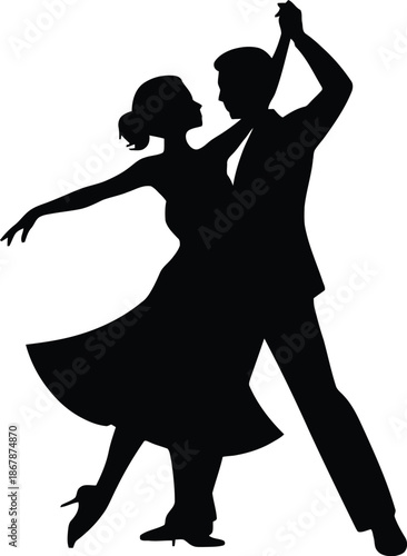Black silhouette of a dancing couple in a romantic waltz position isolated on white background.