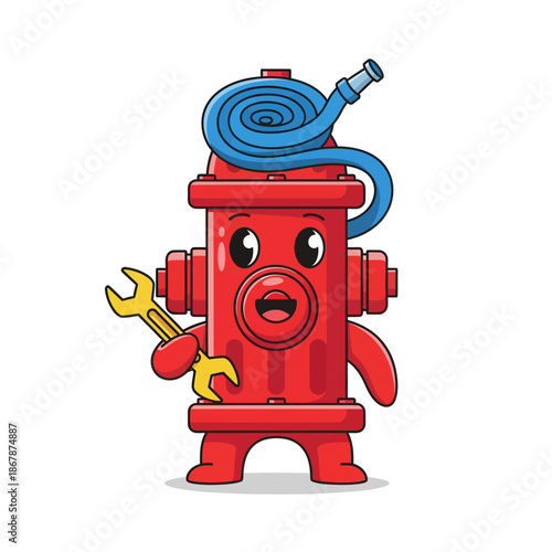 Cute cartoon fire hydrant character holding a wrench, with a hose on its head.