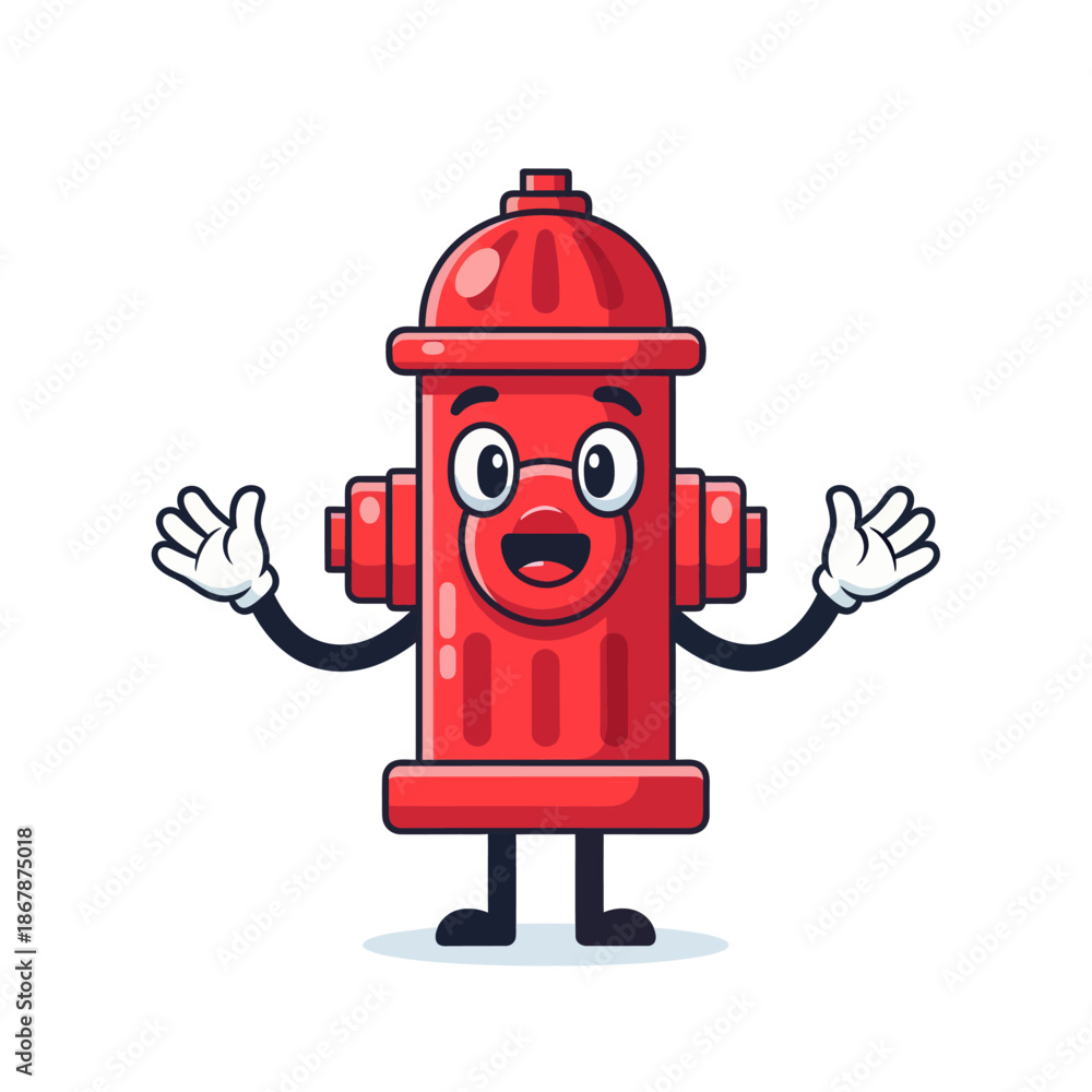 Obraz premium Happy Red Fire Hydrant Character Waving Hello with Big Smile and Glasses
