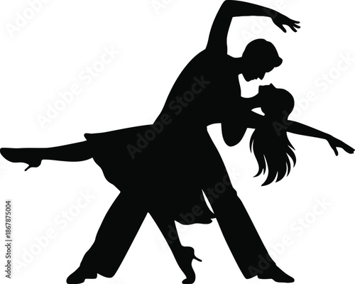 Silhouette of a couple dancing together in a romantic waltz isolated on white background.
