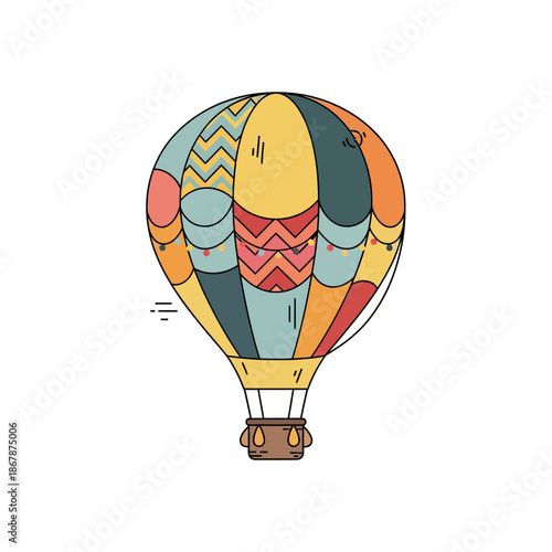 Colorful Hot Air Balloon with Retro Patterns, Isolated on White Background