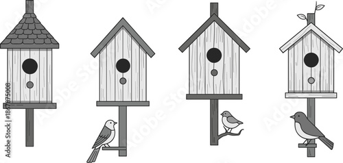 Four birdhouses with perched birds in varied designs, vector illustration for backyard bird care and decorative comparison