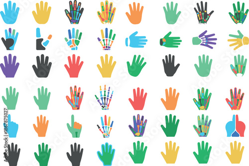 Collection of colorful hand icons in various styles and gestures on white background