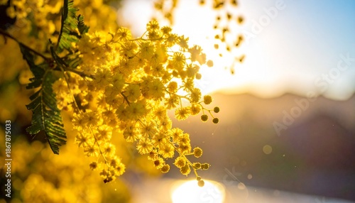 Close-up of vibrant yellow mimosa flowers blooming in the sunlight, capturing the essence of spring.