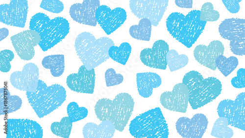 クレヨンタッチのかわいいハートをちりばめた背景素材/ブルー
