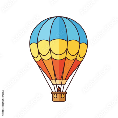 Colorful hot air balloon with flame and basket, isolated on white background, vector illustration