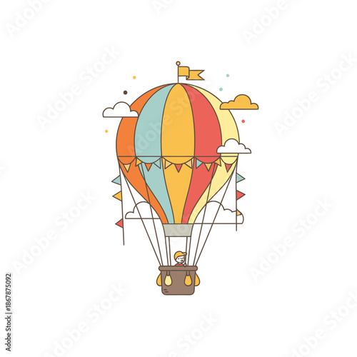 Whimsical Hot Air Balloon with Child, Festive Flags and Clouds, Flat Design