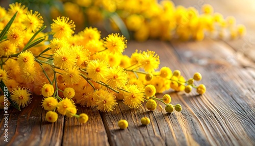 Close-up of vibrant yellow mimosa flowers on a rustic wooden surface, capturing natural beauty.