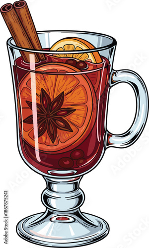 Glass mug of mulled wine with orange slice, cinnamon sticks and star anise, cozy winter drink vector for holiday content.