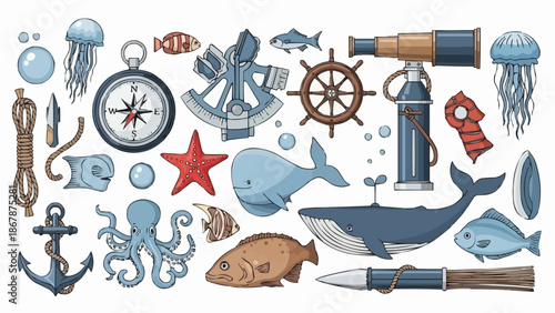 Nautical objects and sea creatures collection illustration.