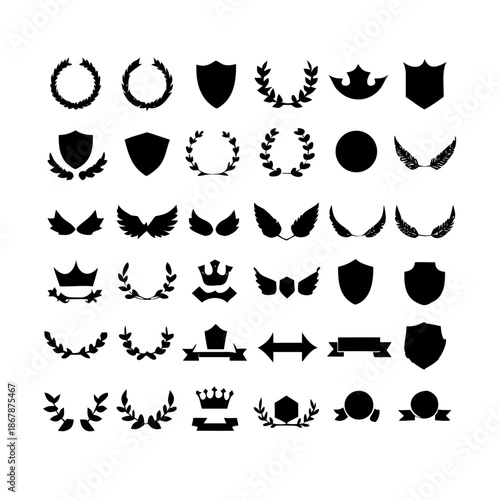 Collection of vector heraldic elements including laurel wreaths shields wings and ribbons perfect for creating logos or designs . elegant laurel wreaths, shields, wings, and ribbon vector set