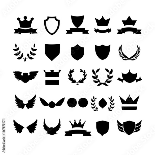 Collection of vector heraldic elements including laurel wreaths shields wings and ribbons perfect for creating logos or designs . elegant laurel wreaths, shields, wings, and ribbon vector set