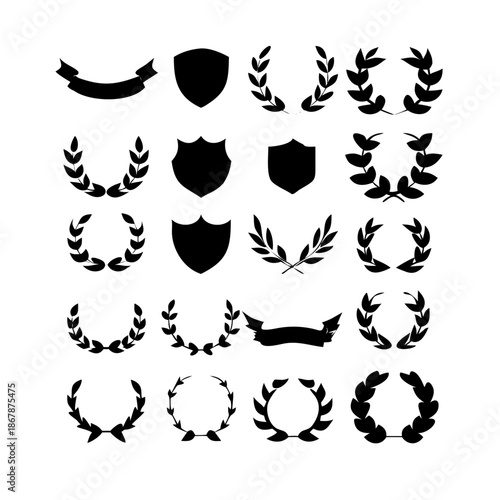 Collection of vector heraldic elements including laurel wreaths shields wings and ribbons perfect for creating logos or designs . elegant laurel wreaths, shields, wings, and ribbon vector set
