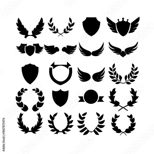 Collection of vector heraldic elements including laurel wreaths shields wings and ribbons perfect for creating logos or designs . elegant laurel wreaths, shields, wings, and ribbon vector set