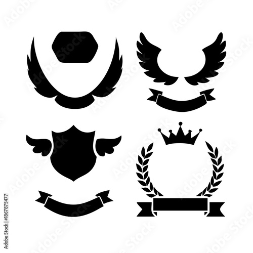 Collection of vector heraldic elements including laurel wreaths shields wings and ribbons perfect for creating logos or designs . elegant laurel wreaths, shields, wings, and ribbon vector set