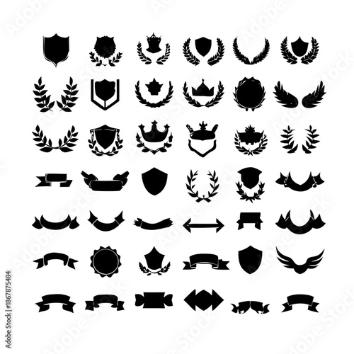 Collection of vector heraldic elements including laurel wreaths shields wings and ribbons perfect for creating logos or designs . elegant laurel wreaths, shields, wings, and ribbon vector set