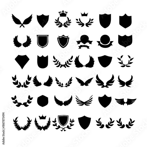 Collection of vector heraldic elements including laurel wreaths shields wings and ribbons perfect for creating logos or designs . elegant laurel wreaths, shields, wings, and ribbon vector set