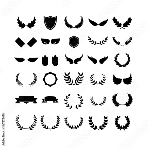 Collection of vector heraldic elements including laurel wreaths shields wings and ribbons perfect for creating logos or designs . elegant laurel wreaths, shields, wings, and ribbon vector set