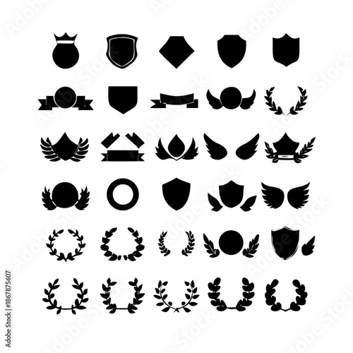 Collection of vector heraldic elements including laurel wreaths shields wings and ribbons perfect for creating logos or designs . elegant laurel wreaths, shields, wings, and ribbon vector set
