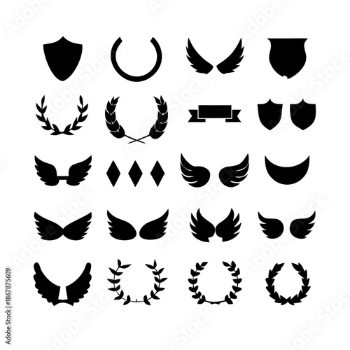 Collection of vector heraldic elements including laurel wreaths shields wings and ribbons perfect for creating logos or designs . elegant laurel wreaths, shields, wings, and ribbon vector set