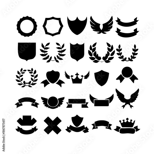 Collection of vector heraldic elements including laurel wreaths shields wings and ribbons perfect for creating logos or designs . elegant laurel wreaths, shields, wings, and ribbon vector set