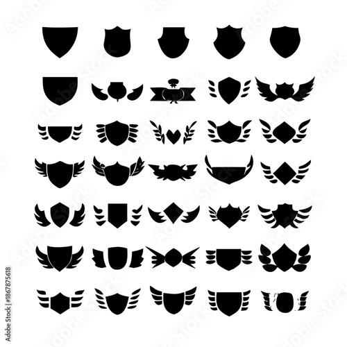 Collection of vector heraldic elements including laurel wreaths shields wings and ribbons perfect for creating logos or designs . elegant laurel wreaths, shields, wings, and ribbon vector set