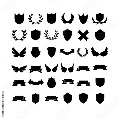 Collection of vector heraldic elements including laurel wreaths shields wings and ribbons perfect for creating logos or designs . elegant laurel wreaths, shields, wings, and ribbon vector set