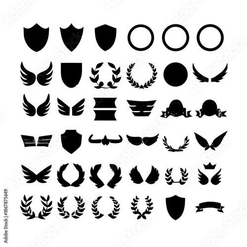 Collection of vector heraldic elements including laurel wreaths shields wings and ribbons perfect for creating logos or designs . elegant laurel wreaths, shields, wings, and ribbon vector set