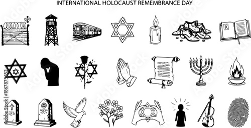 Black and White Line Art Icons Set for International Holocaust Remembrance Day, featuring symbols of memory, human rights, and Jewish history