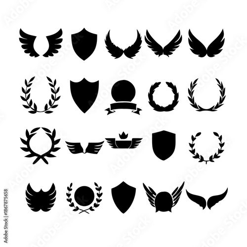 Collection of vector heraldic elements including laurel wreaths shields wings and ribbons perfect for creating logos or designs . elegant laurel wreaths, shields, wings, and ribbon vector set