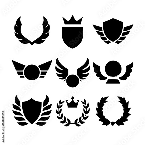 Collection of vector heraldic elements including laurel wreaths shields wings and ribbons perfect for creating logos or designs . elegant laurel wreaths, shields, wings, and ribbon vector set