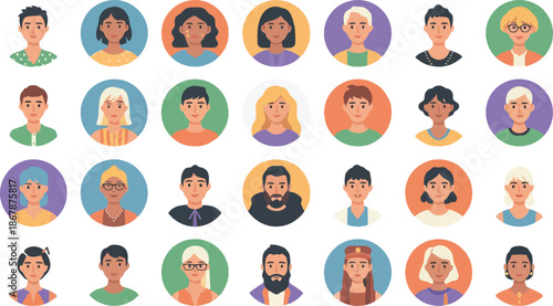 A vibrant and diverse group of cartoon people with different faces and hairstyles.