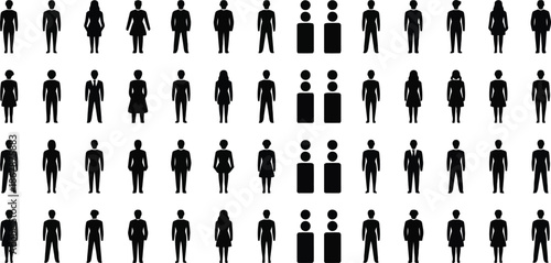 A group of black silhouettes of people standing in rows on gray background.