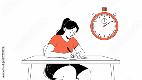 A student taking a timed exam or test, writing at a desk with a stopwatch.