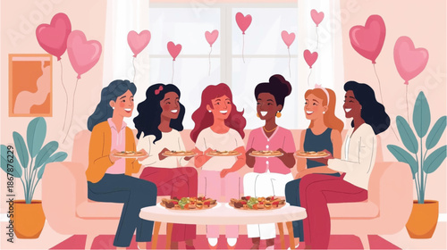 Six diverse women enjoying a pizza party together in a cozy living room decorated with heart balloons, celebrating friendship and good times.